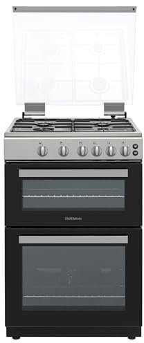 Statesman GDL60S Double Oven Gas Cooker with Glass Lid & Closed Door Grilling, 4 Gas Burners, 60cm Wide, Silver