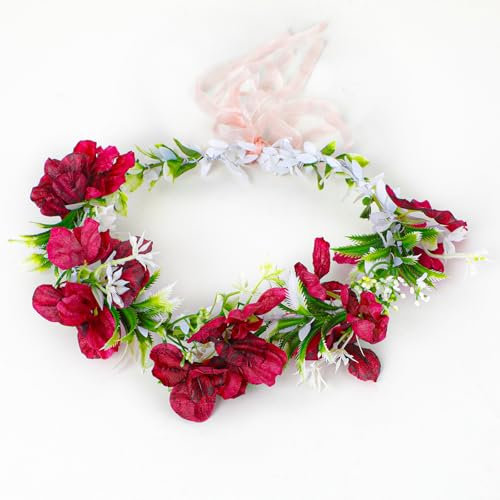 Guirlande de fleurs Couronne de fleurs - Coiffure de fleurs pour femmes Guirlande de fleurs Enfants Adultes Coiffure ajustable Bohème Fête, Mariage, Carnaval, Promo, Plage Couronnes de fleurs(red)