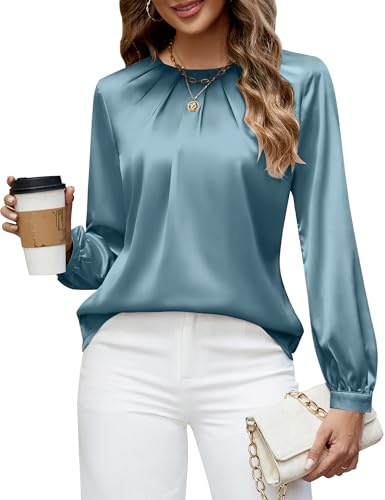 Blooming Jelly Womens Dressy Business Casual Blouse Pleated Long Sleeve Tops Satin Silk Work Shirt Fall Outfits 2025 (Turquoise,M)