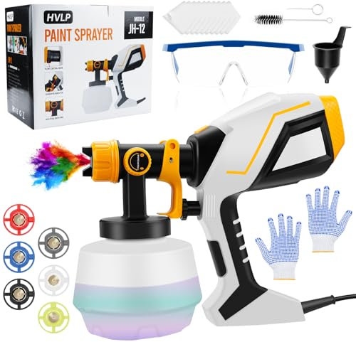 Pistola de Pintura, 800W Sistema de Pulverización de Pintura, Flujo Máximo de 1000ml/min, 1200ML Pistola para Pintar con 6 Boquillas, Accesorios de Limpieza, Guantes y Gafas de Protección