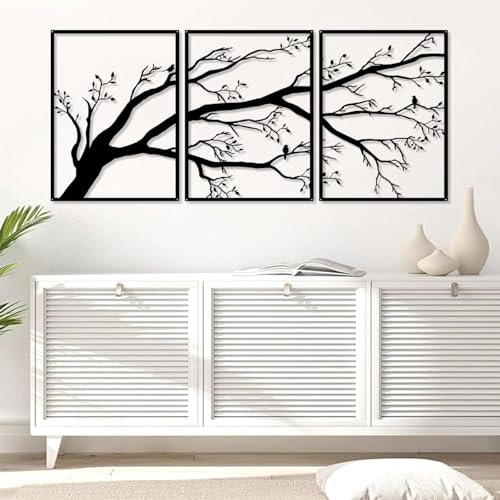 Set di 3 grandi alberi della vita decorativi da parete decorazione murale in metallo segno dell'albero uccelli sul ramo scultura in metallo per casa giardino ufficio interno all'aperto (15,7inx35,4in)
