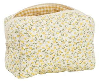 Aikeis Bolsa de maquillaje acolchada floral amarilla, material de algodón suave, gran espacio, portátil y ligera, ideal para viaje y almacenamiento de maquillaje en movimiento para mujeres-adultos