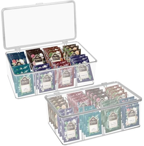 Dokeno Pack de 2 Caja de Te Infusiones Transparente, 8 Compartimentos Organizador Infusiones, Caja de Almacenamiento con Tapa para Bolsas de Té, Bolsa de Café, Plástico