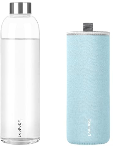 LOOFORE 1 Litre Glass Water Bottle 1000ML, BPA-Free Leak Proof, Clear Water Bottle with Protective Sleeves for Sports and Gym with Hot Cold Drinks