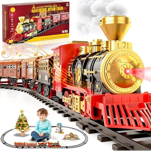 PQETBV Tren Eléctrico de Navidad, Trenes Navideños, Kit de Tren Juguete para Niños con Humo, Luz, Sonidos, Locomotora de Vapor con Vías, Juegos Regalos para Niños