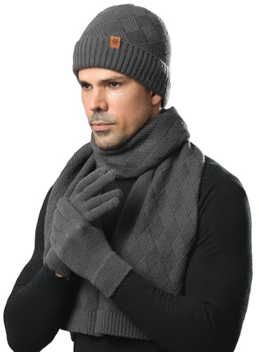MAZELIKEHOOD Hat Scarf Gloves Set for Men 3Pcs Warm Knitted Beanie Hat Gloves Winter Scarf Neck Warmer 3 in 1 Cold Weather Set