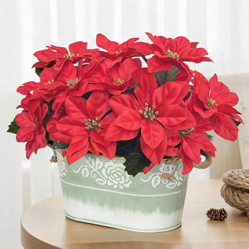 Décoration de table de Noël avec poinsettias artificielles pour décoration d'intérieur, cadeaux, poinsettias rouges dans un pot en métal vert rustique avec poignées en jute et motifs de fleurs festifs