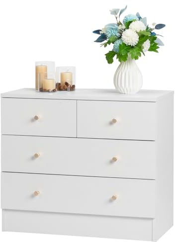 LEADZM Kommode Schlafzimmer Kommode mit 4 Schubladen, für Wohnzimmer, Schlafzimmer, Flur, Schrank, Sideboard, Highboard, viel Stauraum,Weiß