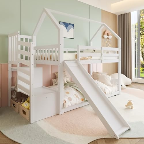 Oxtao Letto a castello 90 x 200 cm, letto con scala di stoccaggio e scivolo, adatto per bambini, adolescenti, struttura del letto superiore dispone di una rete a doghe e protezione dalle cadute, pino