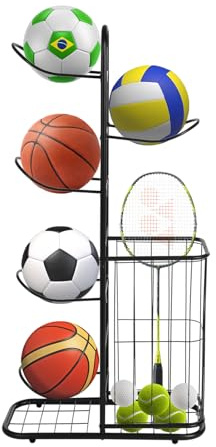 Shinpeed Estantería de almacenamiento para baloncesto, soporte de baloncesto de metal con 5 soportes y cestas para pelotas, soporte para pelotas de pie, organizador de equipo deportivo para interiores