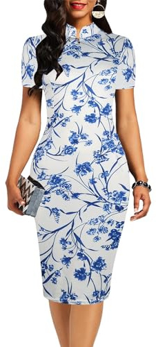 oxiuly Women's Vintage Floral Flare Stretch Stand Collar Work Pencil Dress OX183 (M, White)