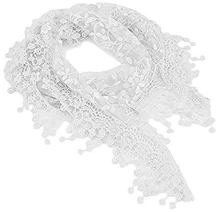 FSSTUD Elegant Women Ladies Soft Lace Hollow Tassel Scarves Triangle Long Wrap Shawl Scarf White