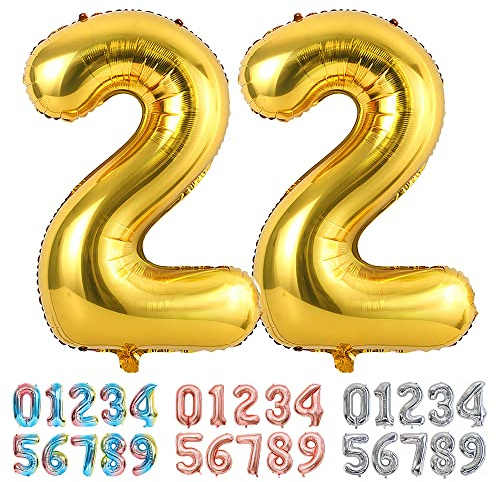 Ponmoo Foil Balloon Number 22 Gold, Giant Numbers 0 1 2 3 4 5 6 7 8 9 10-19 20-29 30-39 40-49 50-60-70-80-90-100, Large Balloons for Wedding Anniversary Birthday Party Decoration