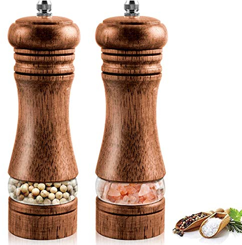 Moulin a Poivre et Sel, Lot de 2 Moulin Sel Poivre Bois, Manuel Moulin à Sel et Poivre, Réglables Broyeur d'Épices en Céramique, Salière et Poivrièr 6.5inch, Pour Sel de Mer, Piment, Poivre