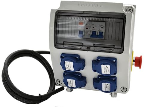 Coffret de chantier monophasé 9 modules - 4 prises 16A avec câble - IP54 ABS - Inter diff + disjoncteur + arrêt d'urgence | 7kVA