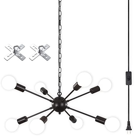 LASENCHOO 8 Lights Plug in Chandelier,Hanging Lights with Plug in Cord 16.4ft & On/Off Switch,Black Plug in Pendant Light,Modern Sputnik Chandeliers for Dining Room Living Room Bedroom Kitchen Island