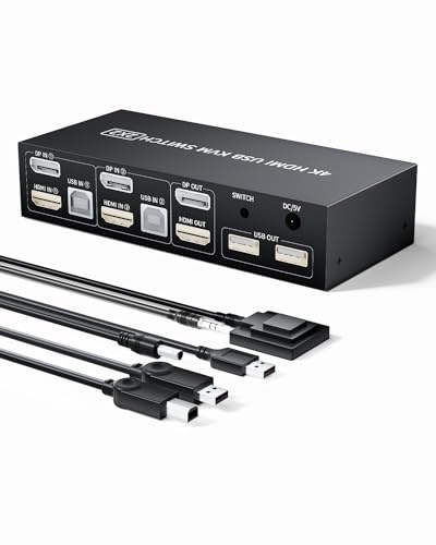 HDMI Displayport KVM Switch 2 Computer 2 Monitor 4K@60Hz 2 Porte HDMI+DP KVM Switch Dual Monitor con 4 Hub USB 2.0, Dual Monitor Displayport KVM 2PC Condividi 1 Set di tastiera, mouse e 2 monitor