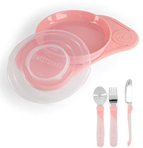 Twistshake Babygeschirr-Set Mini + Besteck | Baby-Saugnapfplatte + Baby-Tischset (31 x 17 cm) + Besteck 12 m+ | BPA-frei | Essenstrainingsteller | Rosa