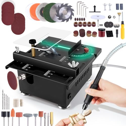 EUWLY Multi-Functional Table Saw, 100W Mini Desktop Electric Saw Cutter, 63mm Blade, 7 Speeds, 0-16mm Cutting Depth, 0-90° Angle Adjustable, Wood, Plastic, Acrylic