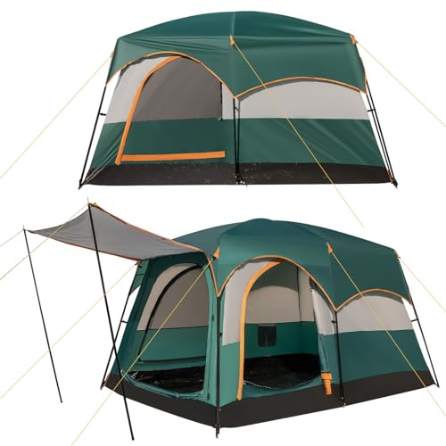 GOPLUS Tente de Camping pour 6 Personnes avec 2 Chambres Séparées, Double Couche & Double Toit, Bâche PE & Fenêtres en Filet, Tente Familiale Imperméable et Coupe-Vent avec Sac de Transport (Vert)
