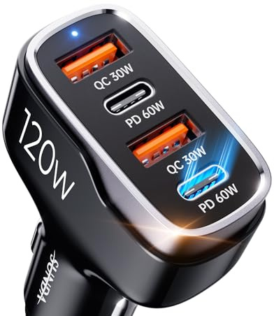 SUNDA 120W USB C Fast Car Charger, 4-Ports Cigarette Lighter Adapter, USB C Car Phone Charger Adapter USBC Type C 12v, Fit for iPhone 17/16/15 Pro/14Max/Galaxy/SamsungS25 Google iPad Android