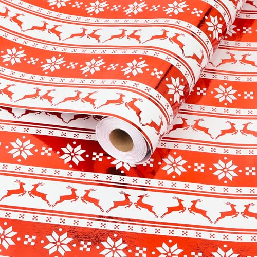 ZJHiome Christmas Gift Wrapping Paper Roll,43cm*15m,Red Deer | Snowflake Pattern,Metallic Xmas Gift Wrap Paper for Kids Adults Christmas,New Year,Holiday