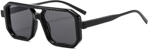 Long Keeper Rétro Pilota Occhiali da sole Donna Uomo 70 s Piatto Pilota Occhiali da sole Vintage Quadrato Doppio Ponte Occhiali da sole UV400 Protezione (Luminoso Nero Grigio)