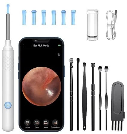 Nettoyeur d'oreille avec caméra, ensemble de bâtons d'oreille HD, Otoscope, chargement USB C, Endoscope, outil d'élimination de la cire, cure-oreille, ensemble de nettoyage d'oreille (Blanc)