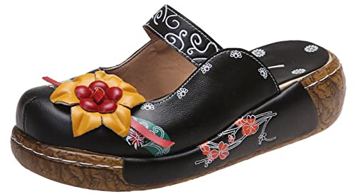 luoluoluo Women Closed Toe Sandals UK Sale Clearance, Ladies Flower Mule Sandal Wedge Sliders Orthopedic Shoes, Wide Fit Slippers Platform Slides with Arch Support Bohemian Flip Flops Casual Vacation