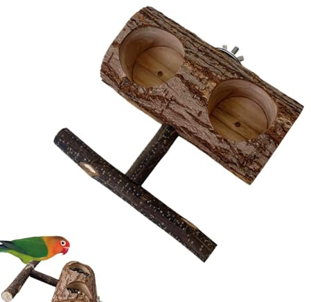 Parakeet sentado frente a la jaula - estación de perca de alimentación de loros, resistencia y durabilidad ideales, dispensador de alimentos madera natural doble cerradura garra molienda piscina para