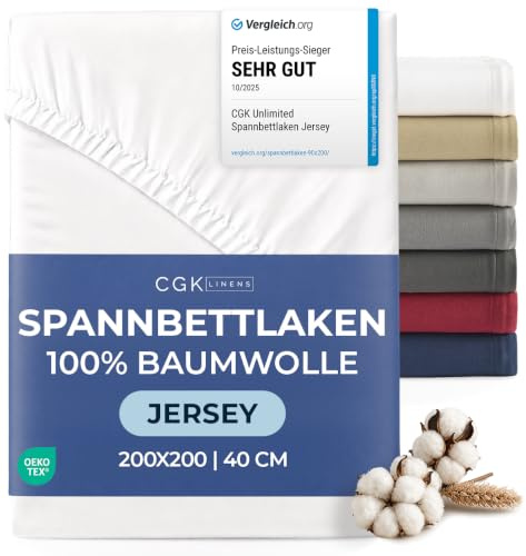 Spannbettlaken Jersey 200x200 cm Weiß - 100% Baumwoll-Jersey weich & atmungsaktiv - Spannbetttuch mit Rundumgummi für Matratzen bis 40 cm - Boxspringbetten - OEKO-TEX Standard 100 zertifiziert premium