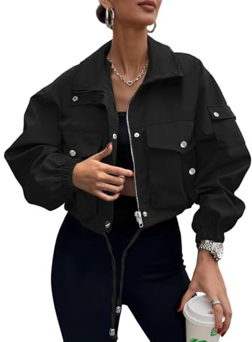 UEAL Bomber Jacket Women Trendy Early Fall Fashion Full Zip Light Cropped Jackets 2026 Medium Black