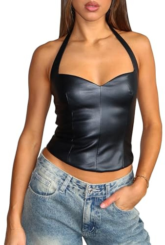 Coloquin Womens Leather Top Sexy Sweetheart Halter Neck Top Backless Party Going Out Tops Clubbing Outfits Black M