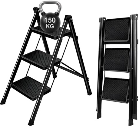 Folding 3 Step Ladder, Durable Steel, Non-Slip Feet and Steps Support 150 KG Capacity, Lightweight, Easy to Store, Ideal for DIY, Decorating, Home Use and RV Outdoor Work (Black-1)