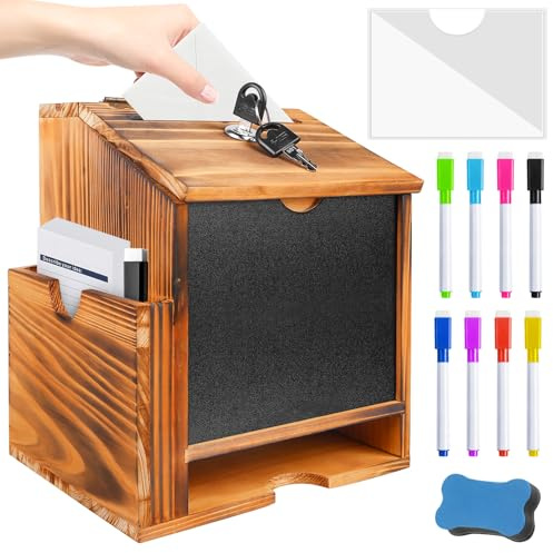 Boîte à propositions en bois 20,3 x 15 x 27 cm avec stylo tableau noir 8 couleurs et effaceur de tableau non magnétique, boîte à dons, verrouillable pour l'école, le bureau, l'hôpital, les