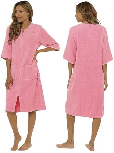 Ladies 100% Cotton Terry Towelling Zip-Through Robe – Lightweight Bathrobe/Dressing Gown – Spa Quality, Soft & Absorbent – Pink, Lilac, Mint – Sizes 8/10 to 20/22