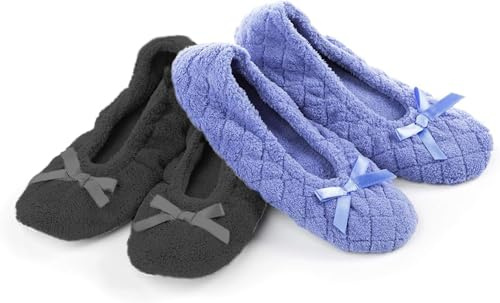 isotoner Women's 2 Pack Microterry Ballerina Slippers with Satin Bow, Suede Sole, and Terry Lining , Periwinkle Quilted/Ash Solid, 6.5-7.5