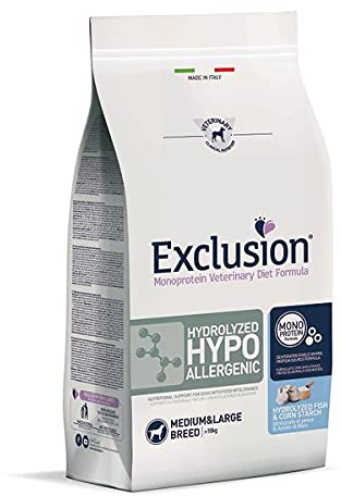Exclusion Hydrolyzed Hypoalergenic Alimento Dietetico con Pesce e Amido di Mais per Cani con Intolleranza Alimentare