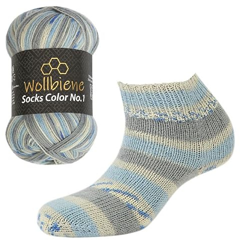 Wollbiene Socks Color Sockenwolle 100g 4-fädig Stricken und Häkeln 75% Schurwolle Farbverlaufswolle Strickwolle Socken (43 blau grau)