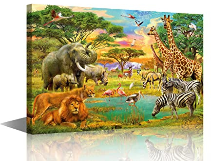 Wall Decorations African Animals Jungle View for Living Room Painting Lion Zebra Giraffe Elephants Flamingo Art Print on Canvas Wall Art Wooden Frame Ready to Hang 24x36inch (60x90cm)