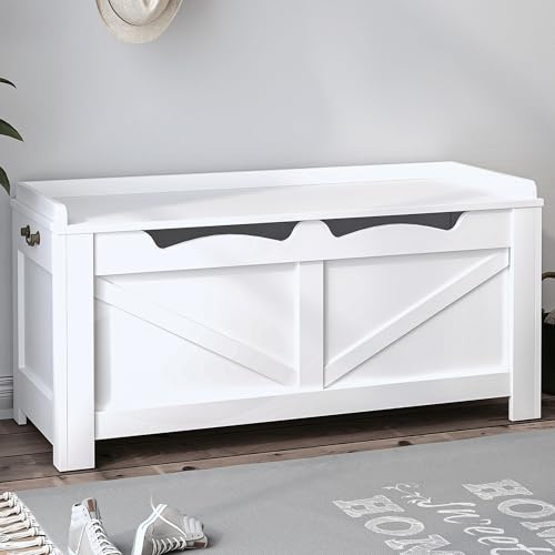 Hzuaneri 39.4 Storage Chest, Extra Large Storage Trunk with 2 Hinges, Wooden Box Bench, Lift-Top Organizer Chest, Shoe Bench for Entryway, Bedroom, Living Room, White SB04503X