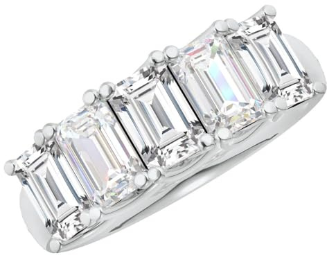 Houston Diamond District 1 to 6 Carat LAB GROWN Emerald Cut 5 Stone Ring Diamond Wedding Band Value Collection (E-F Color VS1-VS2 Clarity) 14K White Gold 1 Carat Size-7