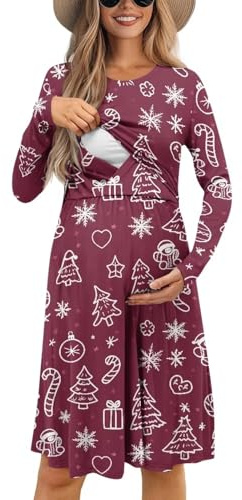Brosoneto Christmas Candy Tree Women's Maternity Nursing Dress Breastfeeding Pregnancy Long Sleeves Loose Fit Flowy Swing Pleated Wrap Midi Dress Knee Length Size S-XXL Baby Shower Guest