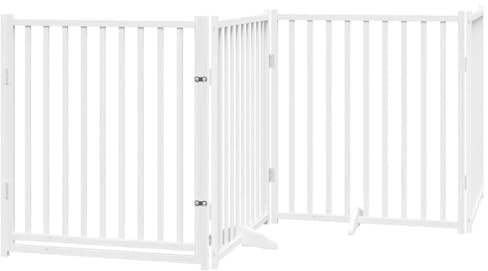 vidaXL Hundgrind med dörr vikbar 4 paneler vit 320 cm massivt granträ, husdjursgrind, hundgrind för trappor, valpgrind för trappor