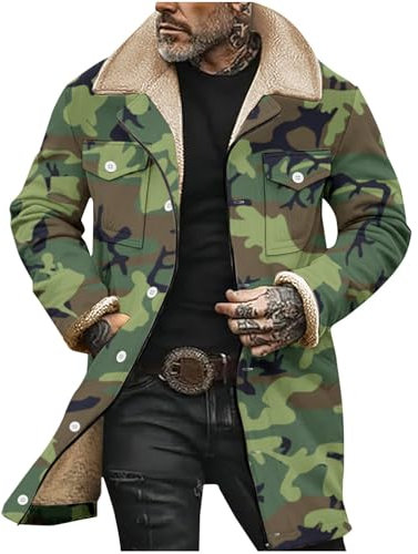 Generisch Men's Spring and Autumn Winter 3D Printing Casual Loose Large Size Long Plus Velvet Warm Button Hidden Zipper Camouflage Coat Cotton Jacket Fahrrad Mantel 26 (Camouflage, L)