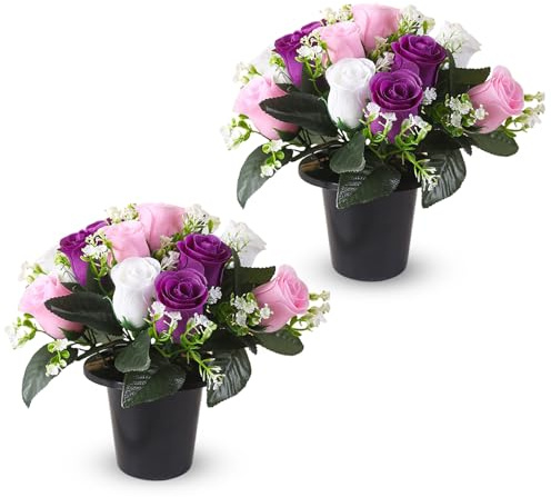 Zyluniy 2 Flores Artificiales Decoracion para Tumbas, Rosas de Seda Plantas Artificiales Exterior Planta Artificial Decoración de Tumbas, Falsas Flores Artificiales para Sepultura Cementerio