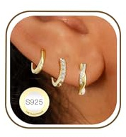 AVOTTO Jewellry Gifts 3 Pairs 925 Sterling Silver Earrings for Women Small Silver Huggie Hoops Earrings Stack Ladies Hoop Earrings Women