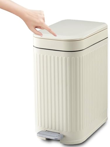Kongming Pedalhink liten soptunna med lock 8 l pedalhink luktsäker avfallskorg kök badrum soptunna smal för badrum, kontor, vardagsrum, sovrum, toalett (beige)