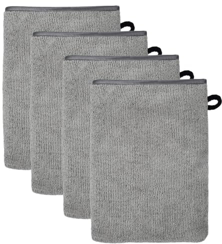 XIASHENG Juego de 4 Guantes de Baño Manoplas de Baño con Cordón,Microfibra Premium,Ternura Ultra Absorbente,Manoplas de Baño Guantes para Lavarse,Guantes de Baño Tamaño Adulto 13 x 20 cm