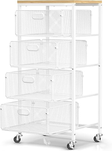 WELDUN Carro con cajones, carro de manualidades de 4 niveles con ruedas cerradas, caja de almacenamiento de metal, organizador artesanal, carro de arte para cocina, baño, escuela, estudio, oficina